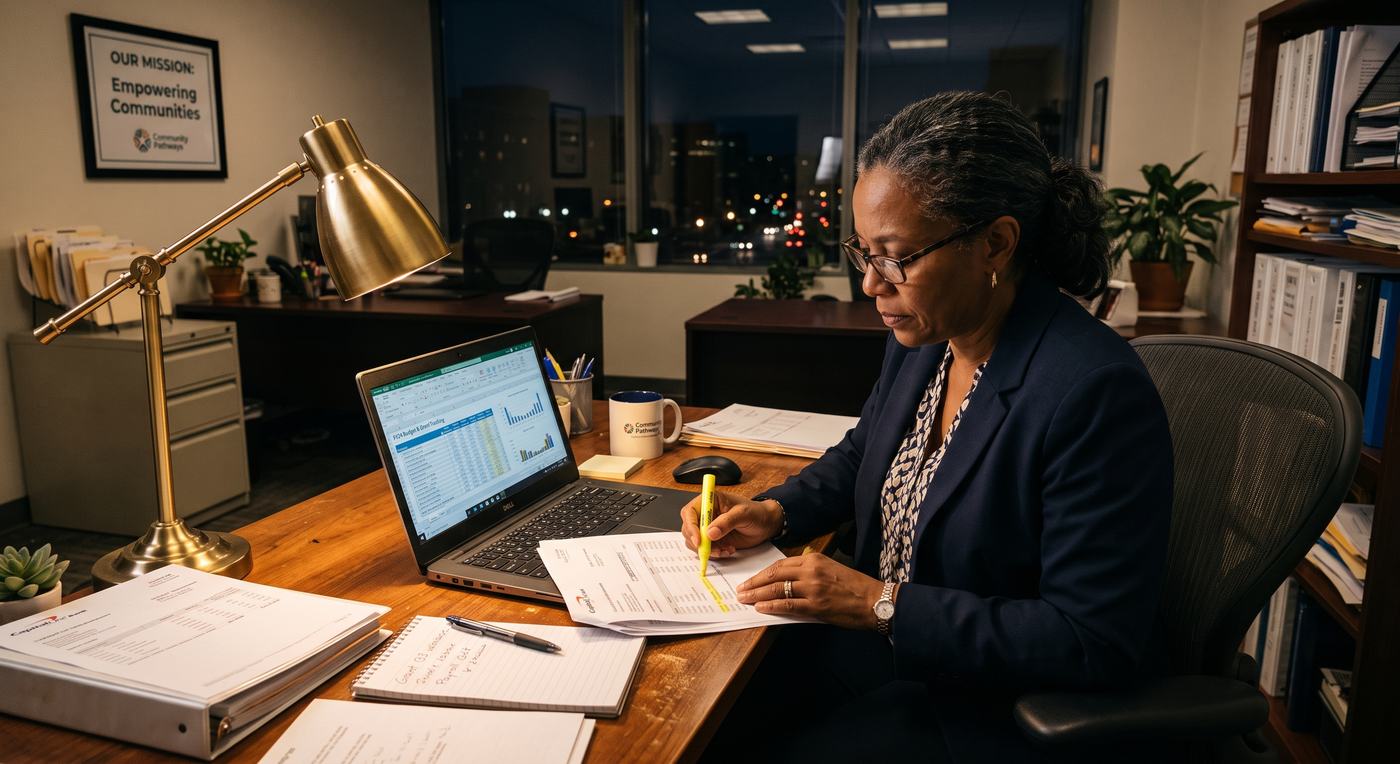 An executive director reconciling grant spending against bank statements after hours.