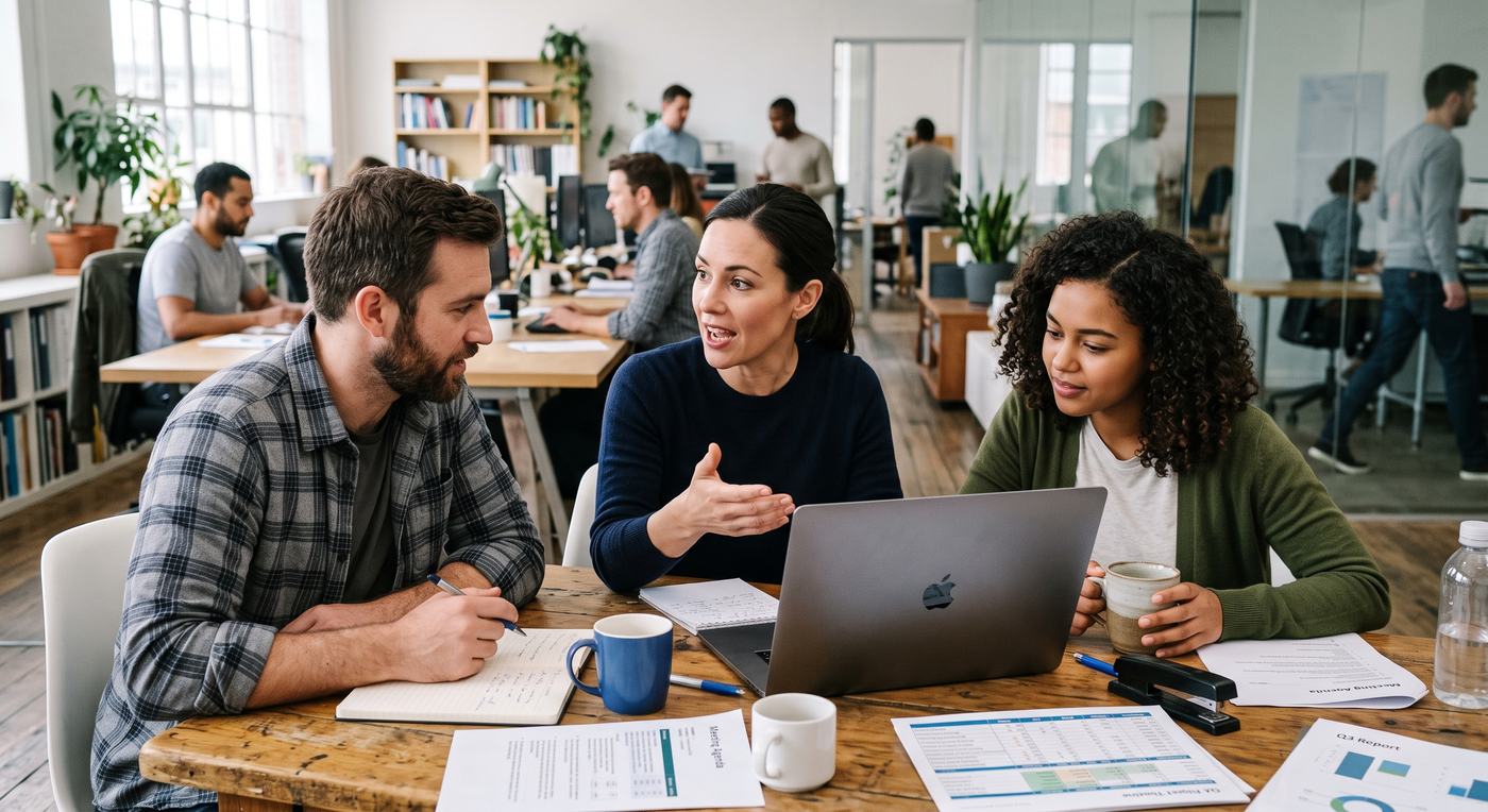 Three colleagues going through the quarter's figures together around one laptop.