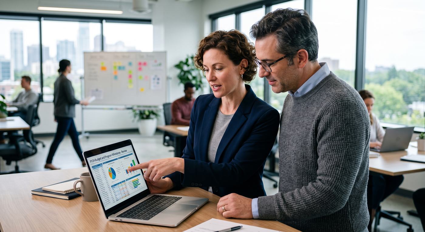 A finance lead and a program lead reading the same budget on one screen.